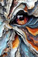 Abstract art featuring dramatic eye with orange iris amid swirling layers of blue, white and orange tones, creating organic flowing patterns and textures.