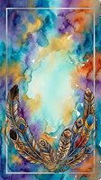 Watercolor feathers frame with vibrant rainbow colors and tribal patterns on textured background for bohemian design projects and spiritual artwork.