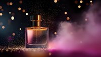 Luxury perfume bottle with golden sparkles and pink smoke on dark background with bokeh lights, creating elegant atmosphere for cosmetic advertising.