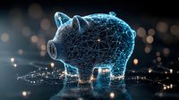 Glowing wireframe piggy bank with digital network connections on dark background, symbolizing fintech savings and financial technology.