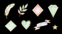 Feather, leaves, diamond shape, gemstone, heart, ribbon banner, and star isolated on transparent background. Ready for t-shirt design, clipart, stickers, sublimation, and print-on-demand projects.