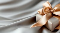 Elegant gift box wrapped in white paper with luxurious golden satin bow on soft gray silk background. Romantic present for special occasions and holidays.