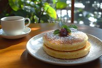 Fluffy Japanese souffle pancakes dusted with powdered sugar and topped with fresh blackberry and mint leaves, served with coffee on wooden table in morning light.