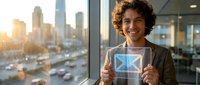 Young man with curly brown hair and light skin tone, wearing casual business attire, holding digital hologram display in modern office with city skyline view.