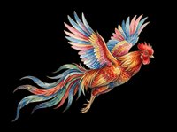 Colorful rooster with vibrant red, blue, and gold plumage isolated on transparent background, ready for t-shirts, stickers, clipart, and print-on-demand designs.