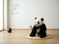 Cute baby giant panda sitting on woven mat indoors, eating bamboo leaf beside a vase with bamboo plant on wooden floor.