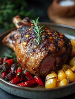 Roasted pork shoulder with crispy golden skin, rosemary garnish and colorful roasted vegetables on rustic plate for holiday dining and gourmet cooking.