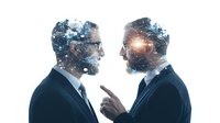 Two businessmen in profile with cosmic double exposure effect facing each other in confrontation, representing conflict or negotiation in corporate environment.