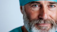 Mature male medical professional with gray beard wearing surgical cap smiles warmly at camera, close-up portrait against light background showing confidence and expertise.