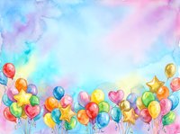 Colorful balloons and stars float against a soft watercolor background in pastel pink, blue, and yellow tones. Ideal for celebrations, children's events, birthday parties, and festive designs.