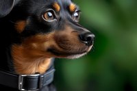 Black and tan miniature pinscher wearing collar, alert expression, side profile against blurred green background. Suitable for pet care, dog training, and animal-related designs.
