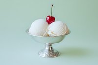 Three scoops of vanilla ice cream in a silver dessert bowl, topped with a red cherry, on a mint green background.