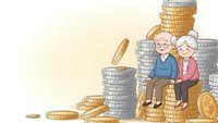 Senior elderly couple sitting on stacks of gold and silver coins representing retirement savings, pension planning and financial security for seniors.