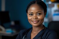 African American female healthcare professional wearing navy blue scrubs and stethoscope smiling warmly at camera in medical office setting with soft natural lighting.