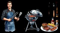 Male chef in blue apron holding grilling utensils, standing beside kettle barbecue grill, with grilled food, sauce bottles, and cooking tools isolated on transparent background, ready for t-shirt design, clipart, stickers, and print-on-demand products.
