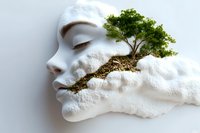 Serene white sculptural face profile with green tree growing from eroded terrain, symbolizing harmony between human consciousness and nature on light background.