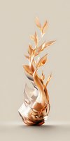 Abstract metallic rose gold sculpture with flowing organic leaf shapes and curved elements on neutral background, modern minimalist art piece.