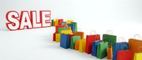 Colorful shopping bags arranged with bold red sale text on white background, perfect for retail promotions, discount events, and seasonal shopping campaigns.