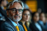 Senior businessman with gray beard and glasses at corporate meeting or conference presentation.