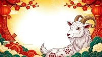 Chinese New Year goat zodiac animal with traditional red lanterns and plum blossoms on golden background for lunar celebration greeting cards.