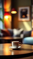 Coffee cup on wooden table in cozy cafe interior with warm lighting and blurred background. Atmospheric composition captures relaxing coffee shop ambiance.