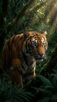 Majestic tiger with piercing blue eyes prowling through lush tropical rainforest with moss-covered trees and ferns in dappled sunlight.