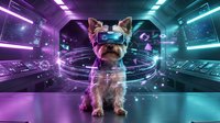 Yorkshire Terrier wearing VR headset in futuristic neon-lit sci-fi room with glowing holographic displays and digital effects.