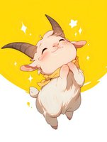 Cheerful baby goat character with horns dancing joyfully against yellow background, sparkling stars around. Cute cartoon mascot for children's books and greeting cards.