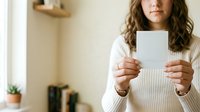 Woman with long wavy brown hair and medium skin tone holding blank white card in both hands, wearing cream knit sweater in bright home interior with plants.