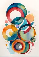 Vibrant watercolor circles in teal, coral and orange create dynamic abstract composition with fluid overlapping rings and organic paint splatters on white background.