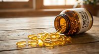 Amber prescription bottle spilled with golden omega-3 fish oil capsules on wooden table in warm sunlight for health and wellness supplement concepts.