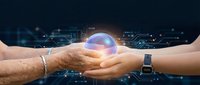 Young adult female and mature adult male with light skin tone exchanging glowing crystal sphere symbolizing technology transfer, innovation partnership, and digital collaboration against circuit board background.