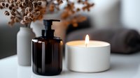 Minimalist spa composition with amber glass dispenser bottle, burning aromatic candle and dried flowers in ceramic vase on white surface. Wellness and relaxation concept.