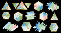 Watercolor geometric shapes with gold frames isolated on transparent background, ready for t-shirt design, clipart, stickers, sublimation and print-on-demand projects.