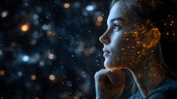 Young woman profile with glowing digital particles effect on dark background, futuristic concept showing artificial intelligence and technology integration.