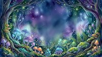 Enchanted forest clearing with glowing mushrooms, bioluminescent plants, and magical starlight filtering through twisted trees in mystical woodland setting.