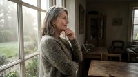 Mature woman with long gray hair and light skin tone standing by window in contemplative pose, wearing knit sweater, looking outside at nature, indoor home setting for lifestyle and wellness content.