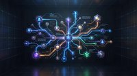 Digital network hub with glowing circuit pathways and data nodes on dark tech grid background for business presentations and technology concepts.