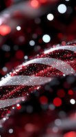 Abstract red and white glittering waves with bokeh effect on dark background, featuring sparkling particles and blurred lights creating dynamic movement.