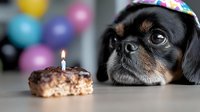 Black pug dog wearing birthday hat looking at cake with lit candle, colorful balloons in background for pet celebration.