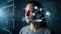Young woman with digital holographic interface overlay displaying futuristic technology concepts and data visualization elements in modern setting.