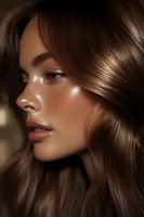Close-up profile of young woman with glowing skin, freckles, and glossy brown hair showcasing natural beauty makeup for cosmetic advertising.
