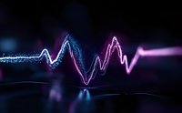 Glowing neon sound wave visualization with pink and blue light particles on dark background, digital audio spectrum waveform for music and technology.