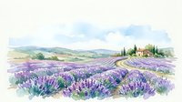 Watercolor lavender field landscape with a rustic farmhouse, rolling hills, and vibrant purple blooms under a soft cloudy sky.