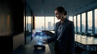 Professional businesswoman using holographic technology interface in modern office with city skyline view during golden hour for corporate presentations.