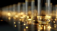 Glowing golden lights create magical bokeh effect around glass container on reflective surface, atmospheric luxury background for product display.