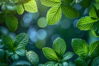 Fresh green leaves with detailed veins and texture against blurred bokeh background in sunlight. Natural macro photography showing spring foliage patterns and organic shapes.