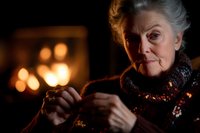 Senior woman knitting cozy sweater by warm fireplace light, wearing patterned scarf. Atmospheric evening scene with soft bokeh highlights creates nostalgic mood.