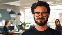 Middle-aged Hispanic businessman wearing glasses and black t-shirt smiling confidently in modern office environment with coworkers in background, warm lighting.
