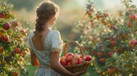Young Caucasian woman with braided hair in white dress harvesting ripe red apples in orchard during golden hour, carrying wicker basket of fresh fruit.